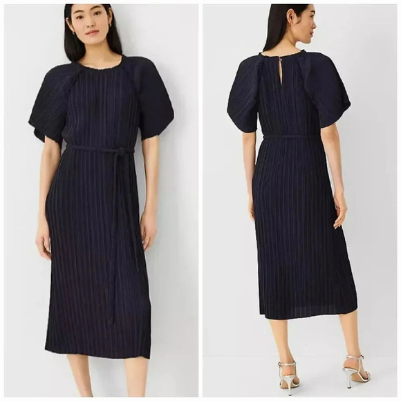 Ann Taylor New Navy Plisse Pleat Belted Flutter Sleeve Midi Dress Size Medium - Picture 1 of 10